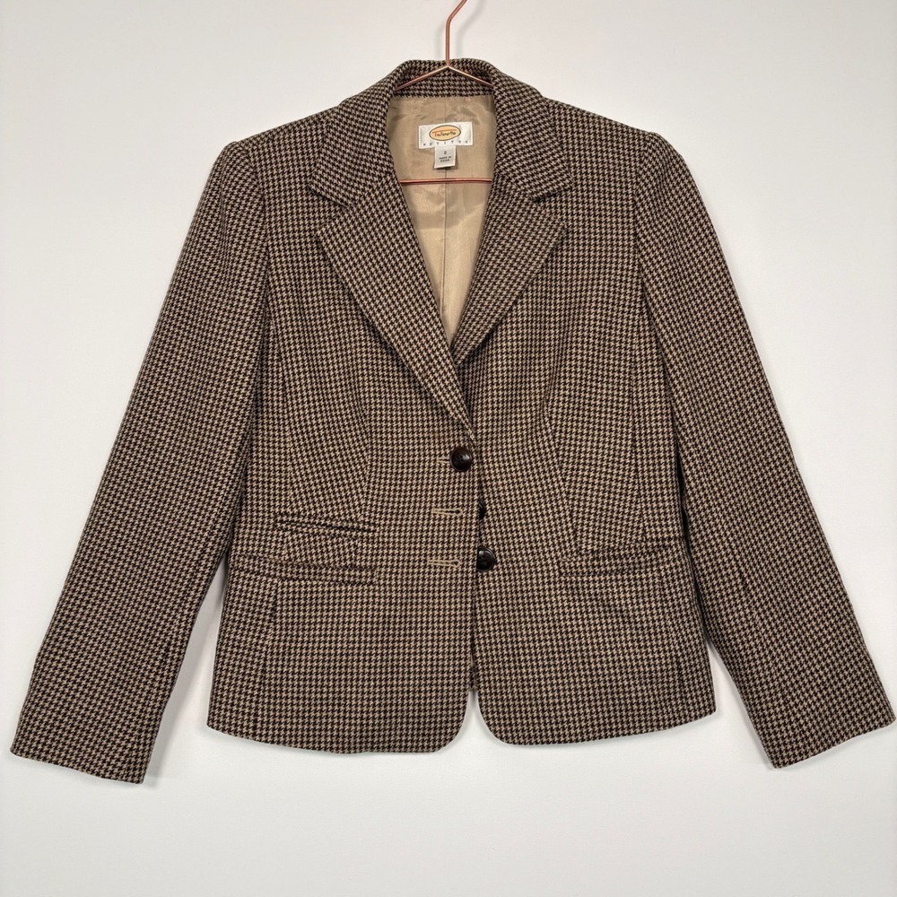 Talbots Women Blazer 2P Brown Houndstooth 100% Wool Petite Two Button Jacket